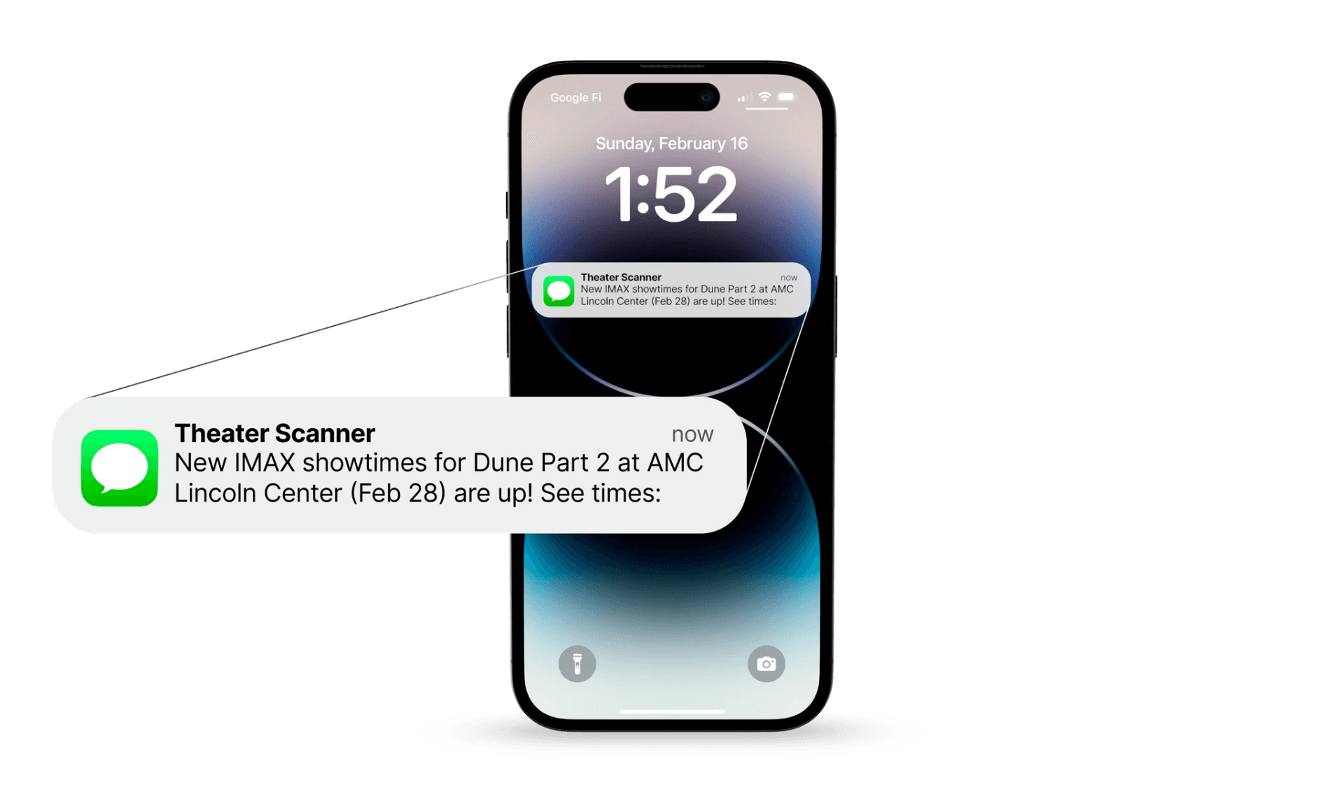 Phone notification showing Theater Scanner alert for Dune Part 2